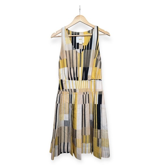 Maeve Dresses & Skirts - Anthropologie‎ Maeve Silk Yellow Black Geometric Midi Dress 0 Pockets Mod